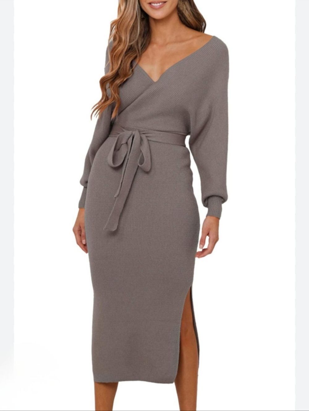 Amazon S Wrap-Front Knit Midi Dress Taupe 3450-